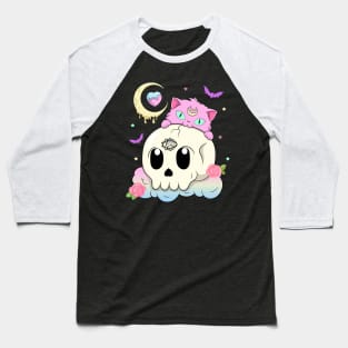 Creepy Cute Cat with Skull Pastel Goth Baseball T-Shirt